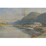 C. R. WOOD. A mountainous river landscape with cattle, farm building and figures, signed and dated