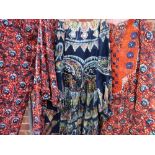 TWO MID CENTURY & LATER AFRICAN AGBADA KAFTAN ROBES, comprising a multi tonal abstract owl design o