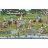 A VINTAGE INDIAN SCHOOL WOODED RIVER LANDSCAPE WITH FIGURES AND CATTLE, painted on silk, unsigned,