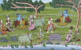 A VINTAGE INDIAN SCHOOL WOODED RIVER LANDSCAPE WITH FIGURES AND CATTLE, painted on silk, unsigned,