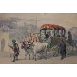 INDIAN SCHOOL (XIX). Indian street scene with figures and ladies in a carriage being pulled by a