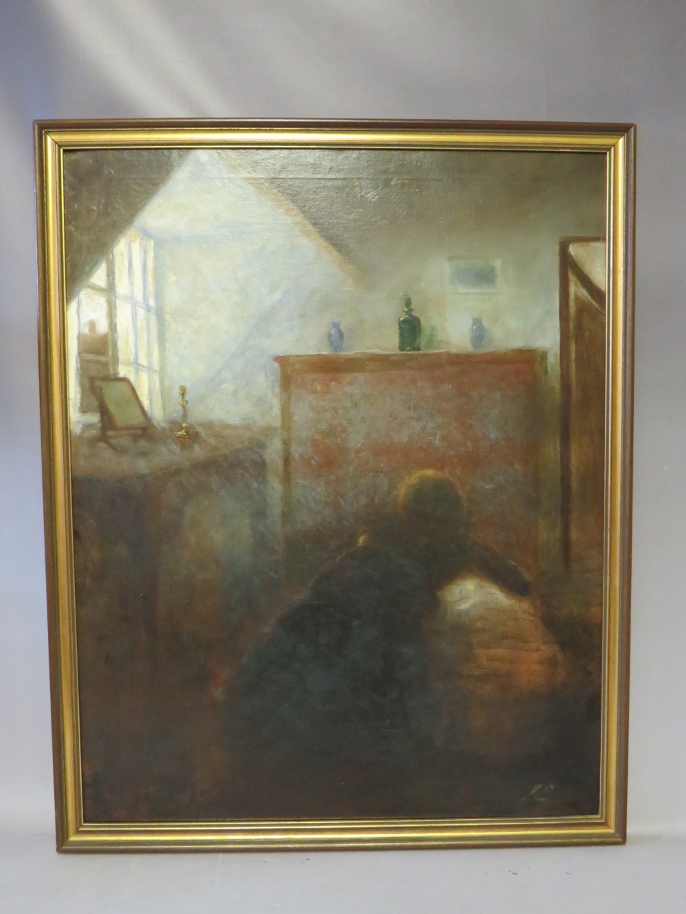 J.E. (XIX-XX). British school, cottage interior with Mother by cot, signed lower right, oil on - Image 2 of 6