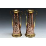 A PAIR OF ARTS AND CRAFTS STYLE COPPER AND BRASS VASES BY BELDRAY, H 31 cm