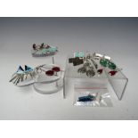 A COLLECTION OF SILVER AND WHITE METAL EARRINGS, to include a pair of silver and malachite earrings,