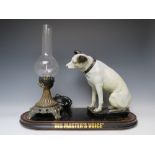 A LARGE BESPOKE 'HIS MASTER'S VOICE' TABLE LAMP ADVERTISING DISPLAY, set on a wooden base with a