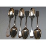 SIX ASSORTED HALLMARKED SILVER FIDDLE PATTERN TABLE SPOONS, various dates and makers to include a