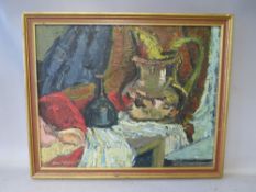 ANNA WHITTON. Impressionist still life study of various items on a table, signed and dated 1958