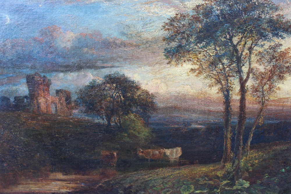 CIRCLE OF SAMUEL PALMER (1805-1881). Moonlit landscape with cattle and ruins, oil on canvas, framed,