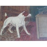 H. BAXTER. A barn interior with a Jack Russell terrier watching a caged rat, signed lower right, oil