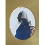 A LATE 19TH / EARLY 19TH CENTURY OVAL PORTRAIT MINIATURE SILHOUETTE OF A SEATED NAVAL GENTLEMAN,