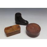THREE WOODEN SNUFF BOXES CONSISTING OF A PUZZLE EXAMPLE, a shoe example and a circular example,