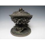 AN UNUSUAL 19TH CENTURY ORIENTAL BRONZE INCENSE BURNER IN THREE SECTIONS, having a cover with