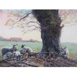 STEVENSON (XX). A rural scene with lambs and sheep under a tree, farmstead in background, signed and