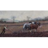 M.H. A wooded landscape with two horses and figure ploughing, signed with initials and dated 1896
