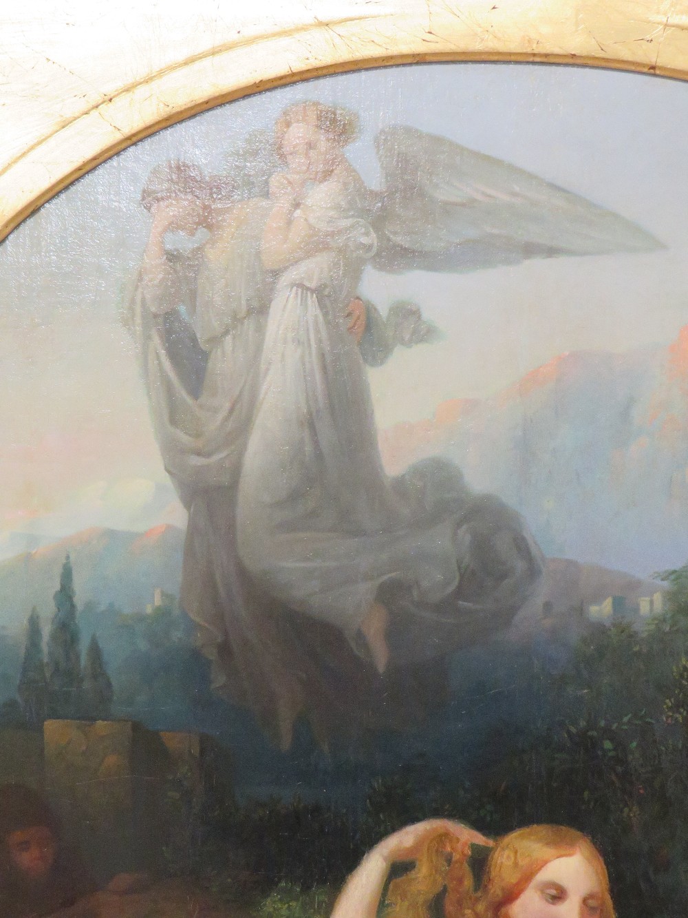 FRENCH SCHOOL (19TH CENTURY). Two semi clad maidens with winged angels looking down, oil on - Image 3 of 3
