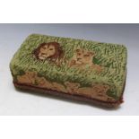 A VINTAGE PIN CUSHION EMBROIDERED WITH A FAMILY OF LIONS, W 22.5 cm