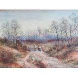 M. COOK (XX). Autumnal country landscape with figures, signed lower left, watercolour, gilt framed