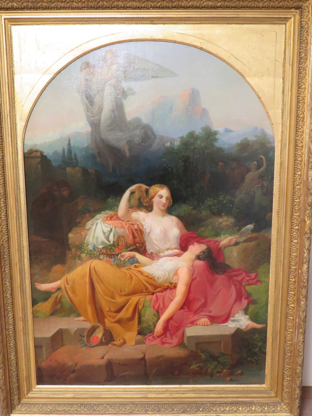 FRENCH SCHOOL (19TH CENTURY). Two semi clad maidens with winged angels looking down, oil on - Image 2 of 3