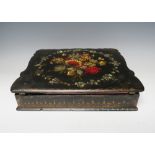 A VICTORIAN PAPIER MACHE LACQUERWARE WRITING SLOPE, with inlaid abalone and painted embellishment to