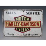 A VINTAGE 20TH CENTURY ENAMELED METAL SIGN FOR HARLEY DAVIDSON MOTORCYCLES, H 28 cm, W 39 cm