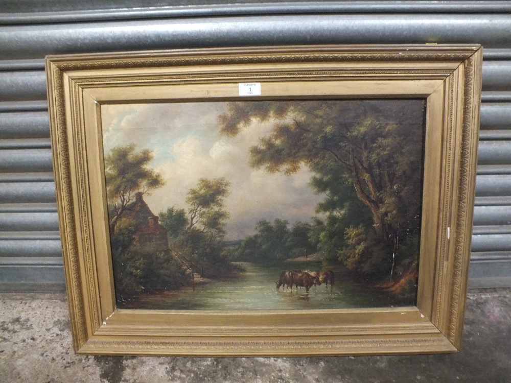 AN ANTIQUE GILT FRAMED OIL ON CANVAS DEPICTING CATTLE WATERING IN A WOODED LANDSCAPE INDISTINCTLY - Image 2 of 4