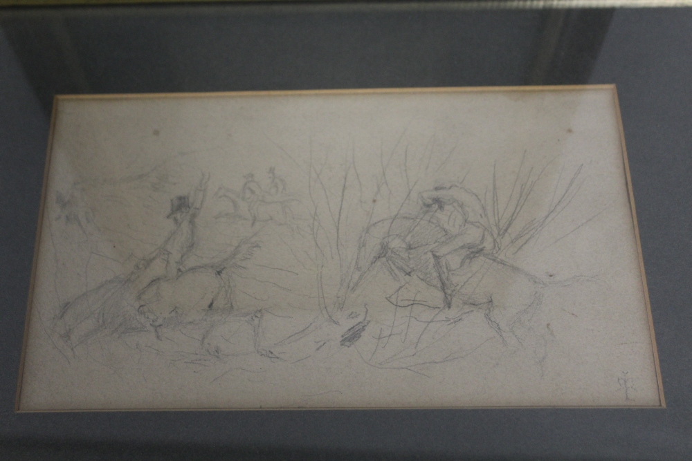 TWO FRAMED AND GLAZED PENCIL SKETCHES - ONE A HALF LENGTH PORTRAIT OF A LADY, THE OTHER A HUNTING - Bild 2 aus 2