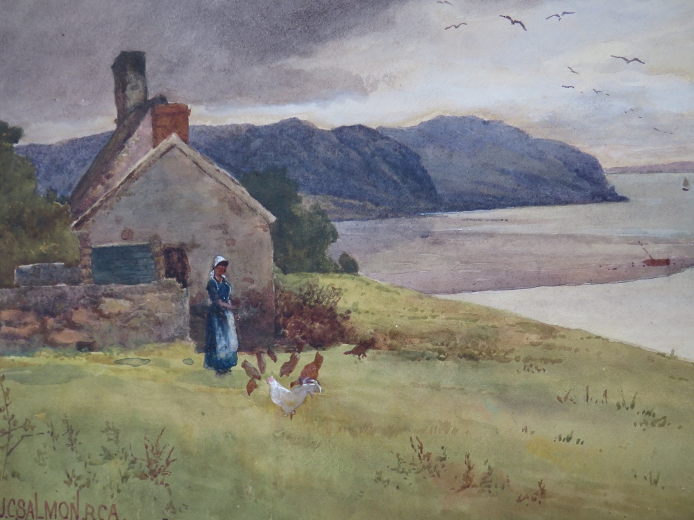 JOHN CUTHBERT SALMON (1844-1917). Coastal landscape with cottage, figure and poultry, signed lower