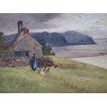 JOHN CUTHBERT SALMON (1844-1917). Coastal landscape with cottage, figure and poultry, signed lower