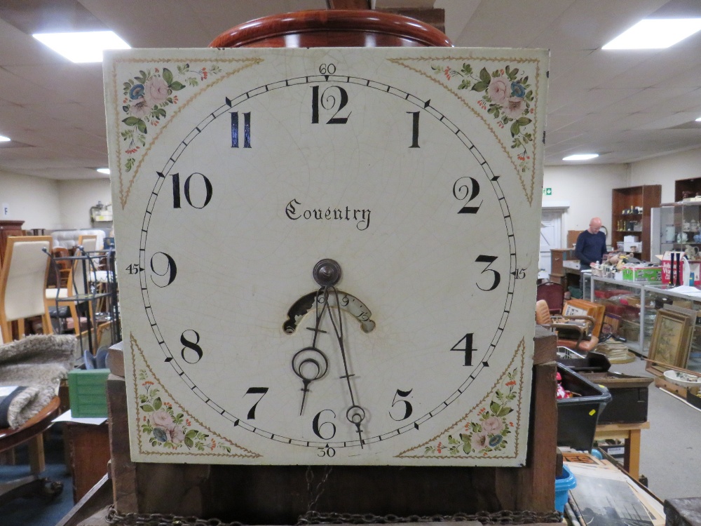 AN ANTIQUE OAK 30 HR GRANDFATHER CLOCK - COVENTRY - SINGLE WEIGHT AND DAMAGED PENDULUM - Bild 6 aus 8