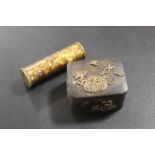A SMALL ANTIQUE JAPANESE BRONZE INLAID BOX AND NEEDLE CASE