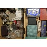 TWO TRAYS OF ASSORTED METALWARE AND GLASS ETC TO INCLUDE CASED FLATWARE