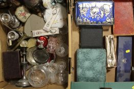 TWO TRAYS OF ASSORTED METALWARE AND GLASS ETC TO INCLUDE CASED FLATWARE