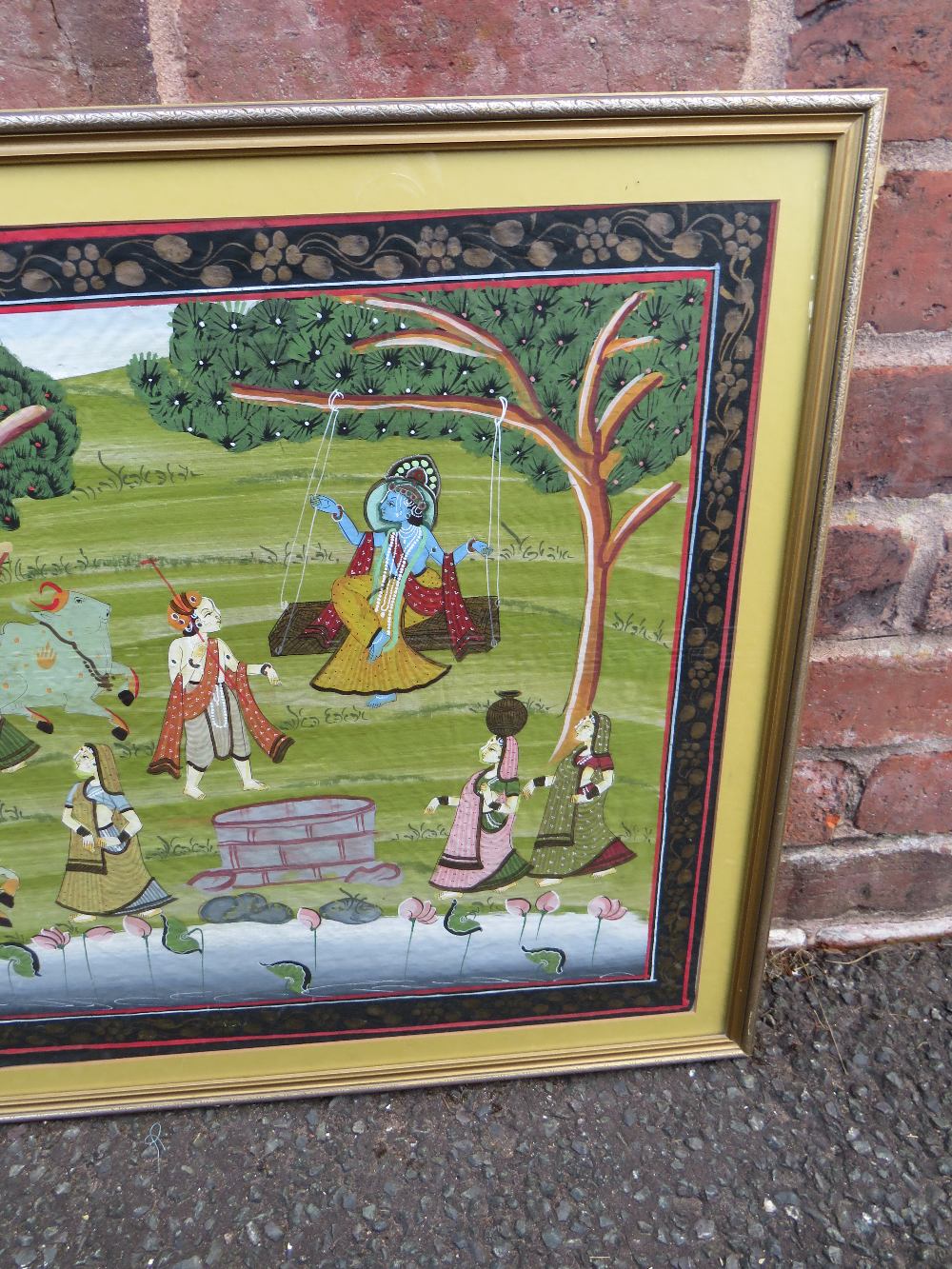 A VINTAGE INDIAN SCHOOL WOODED RIVER LANDSCAPE WITH FIGURES AND CATTLE, painted on silk, unsigned, - Image 3 of 5