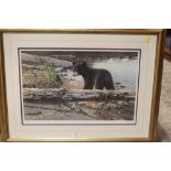 A FRAMED AND GLAZED SIGNED LIMITED EDITION A CAREY PRINT OF A BEAR CUB NO. 267/55