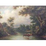 AN ANTIQUE GILT FRAMED OIL ON CANVAS DEPICTING CATTLE WATERING IN A WOODED LANDSCAPE INDISTINCTLY