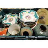 A TRAY OF VINTAGE CHINA ETC TO INCLUDE A DECORATIVE CONTINENTAL DESSERT SET WITH THREE COMPORTS