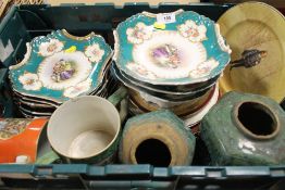 A TRAY OF VINTAGE CHINA ETC TO INCLUDE A DECORATIVE CONTINENTAL DESSERT SET WITH THREE COMPORTS