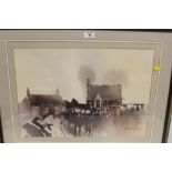 A FRAMED AND GLAZED WATERCOLOUR OF A WINTERY MOUNTAINOUS SCENE TOGETHER WITH THREE OTHER PICTURES