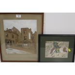 A FRAMED AND GLAZED MIXED MEDIA ON BOARD OF A TOWN SCENE TOGETHER WITH AN ORIENTAL IMAGE OF A