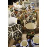 FOUR TRAYS OF ASSORTED CERAMICS TO INCLUDE THREE GRADUATED WEDGWOOD HUNTING SCENE JUGS