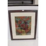 A FRAMED AND GLAZED MIXED MEDIA STILL LIFE STUDY OF FLOWERS IN VASE SIGNED LOWER RIGHT 45 X 36 CM