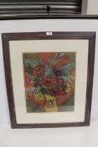 A FRAMED AND GLAZED MIXED MEDIA STILL LIFE STUDY OF FLOWERS IN VASE SIGNED LOWER RIGHT 45 X 36 CM