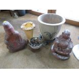 TWO GARDEN BUDDHA STATUES AND A LARGE PLANTER TOGETHER WITH TWO SMALLER (5)