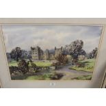 E. CHARLES SIMPSON - A WATERCOLOUR OF BOLTON CASTLE, FRAMED AND GLAZED 36.5 X 54 CM WITH A PRINT (