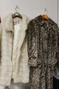 TWO VINTAGE FAUX FUR COATS, TWO FAUX FUR HATS PLUS A VINTAGE EMBROIDERED TABLE CLOTH