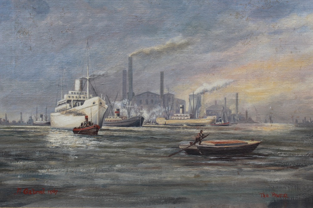 A. GABRIEL (XX). An industrial river scene with ships, tugs and figure on a barge in foreground,