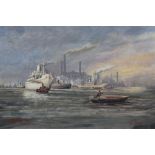 A. GABRIEL (XX). An industrial river scene with ships, tugs and figure on a barge in foreground,