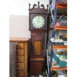 AN ANTIQUE OAK AND MAHOGANY EIGHT DAY GRANDFATHER CLOCK WITH TWO WEIGHTS AND PENDULUM
