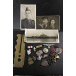 A QUANTITY OF WW2 PHOTOS, BADGES ETC