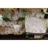 FOUR TRAYS OF GLASSWARE TO INCLUDE WINE GLASSES